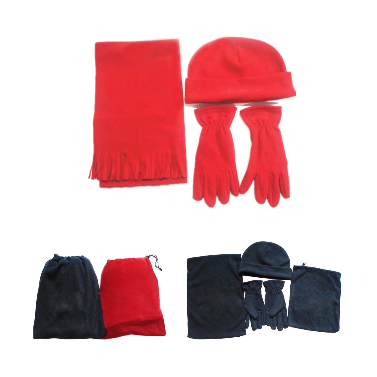 Ensemble de 4 gants polaires, bonnet, écharpe et sac à cordon