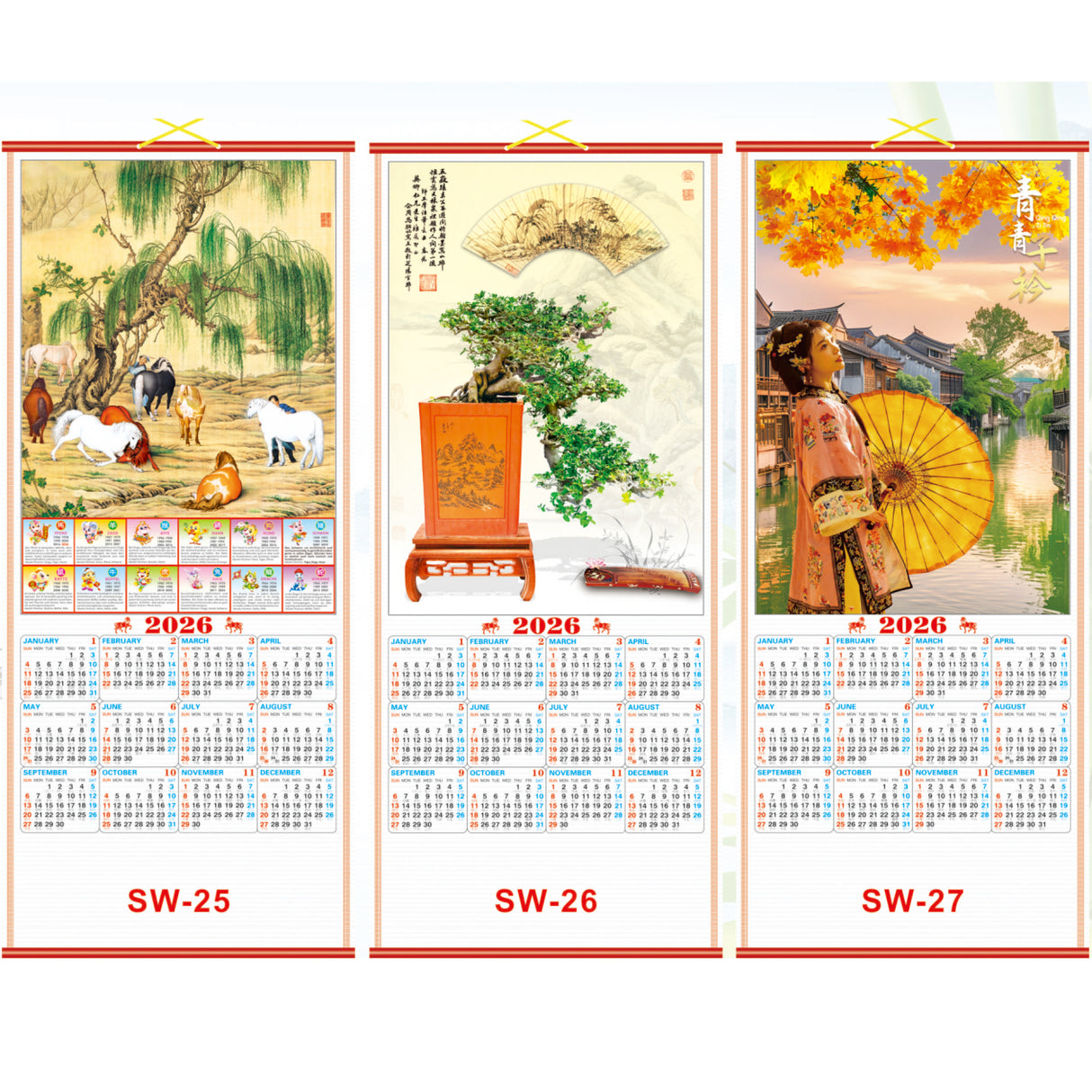 Calendrier mural à parchemin 2026, Année du Cheval