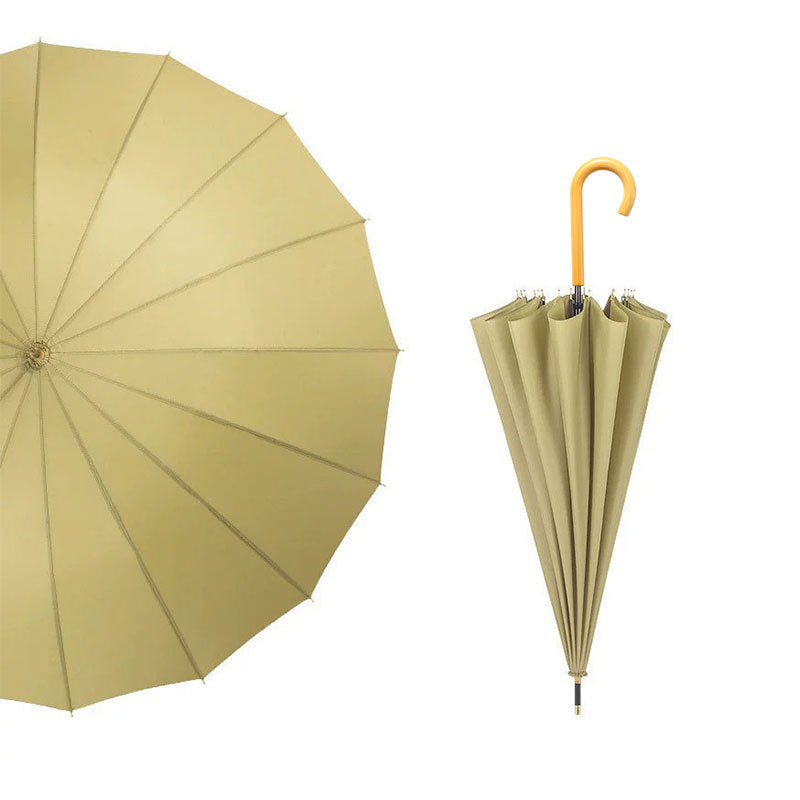 Parapluie droit classique coupe-vent à 16 baleines et poignée courbée en bois