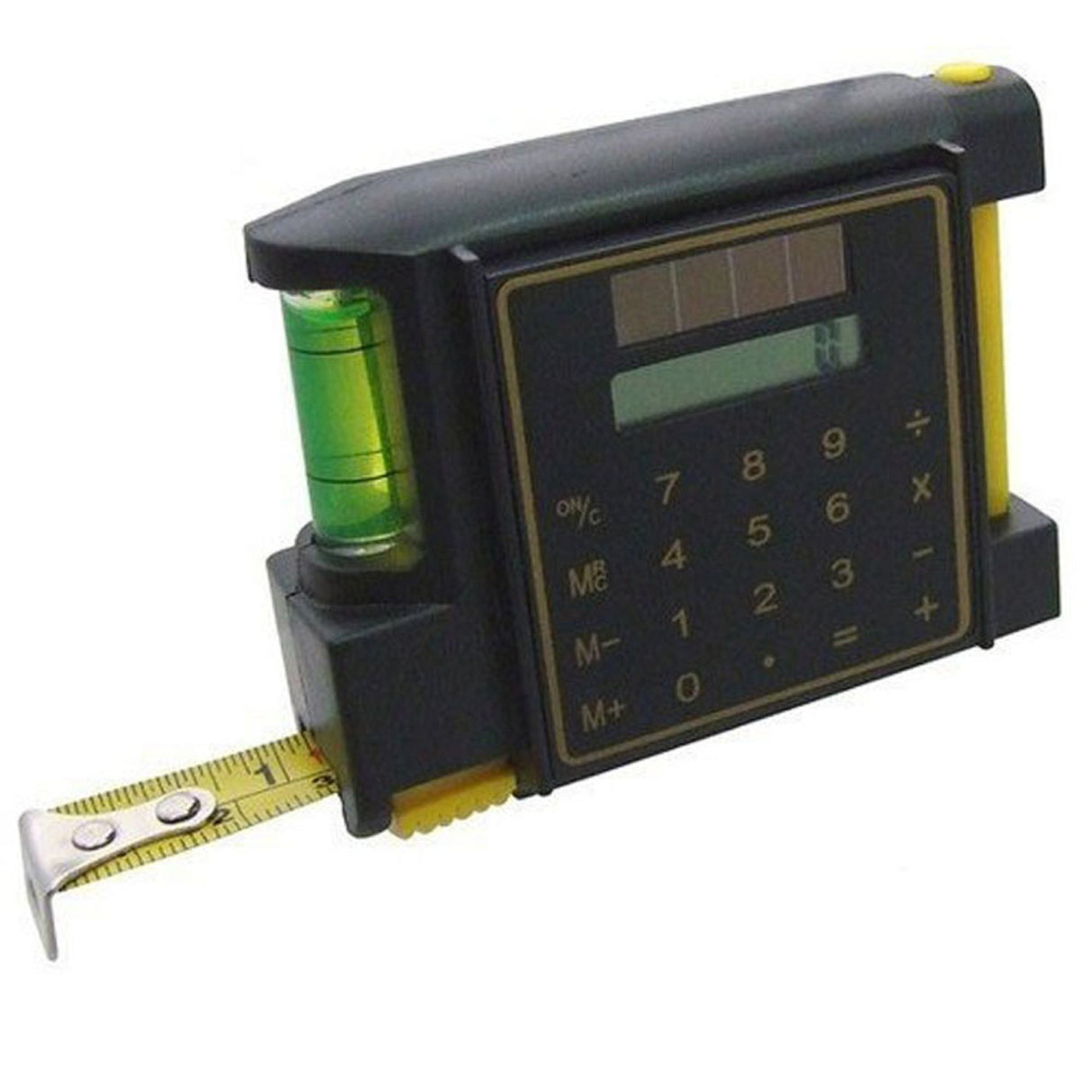 Mètre ruban avec niveau à bulle, stylo et calculatrice
