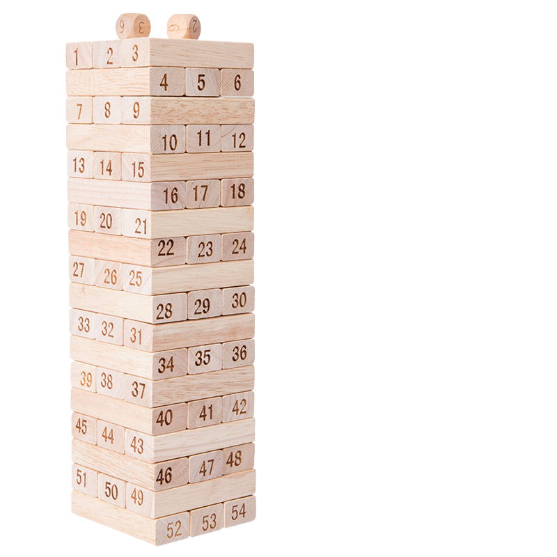 Jenga en bois 54 pièces avec deux dés
