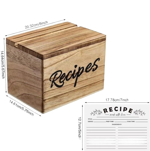 Boîte à recettes en bois avec fiches de recettes