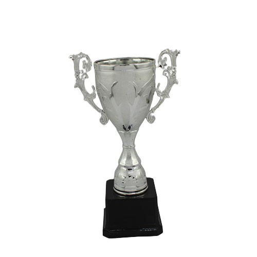 Coupe en métal argenté brillant sur base en marbre