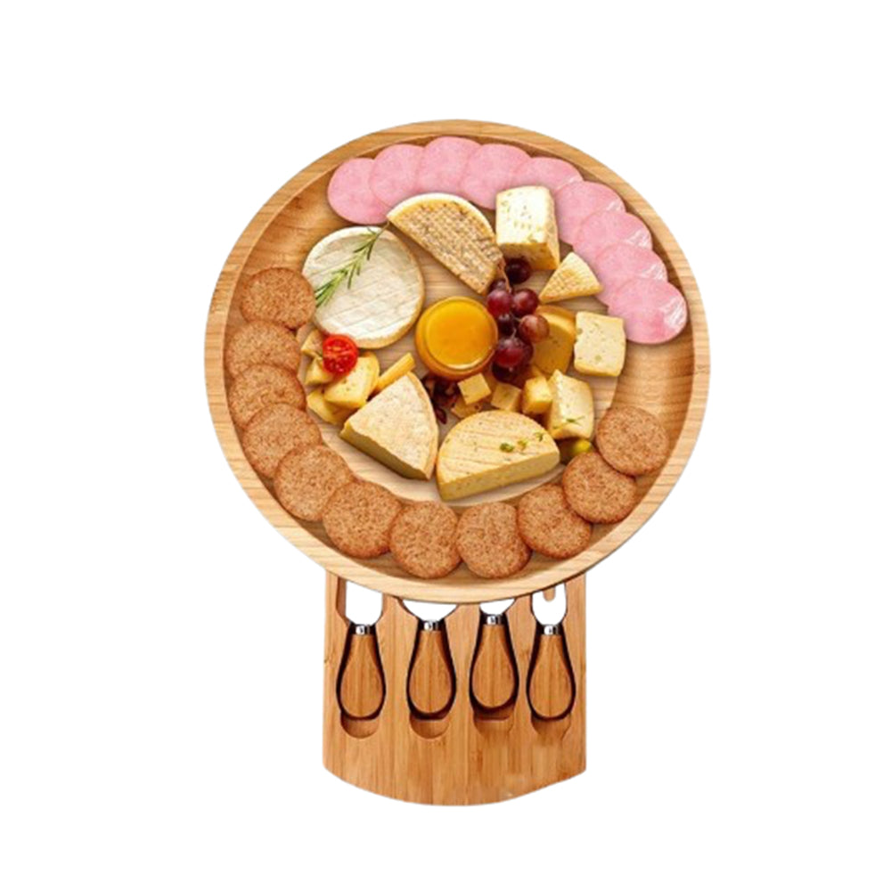 Bamboo Round Cheese Board W/4 Knives Set
