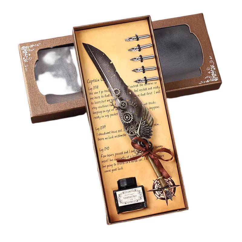 Vintage Quill Pen Set With Empty Ink Bottle