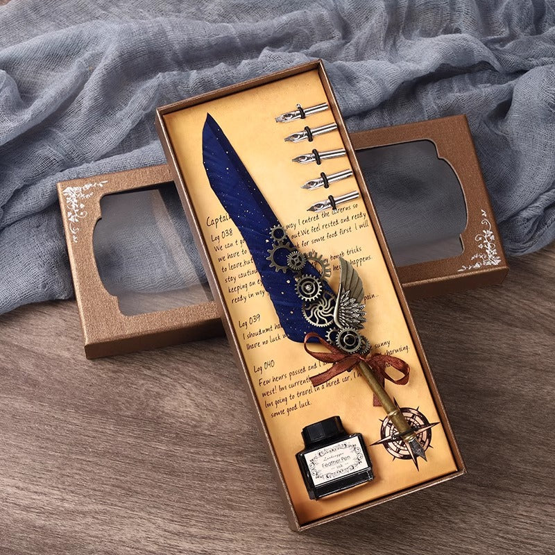 Vintage Quill Pen Set With Empty Ink Bottle