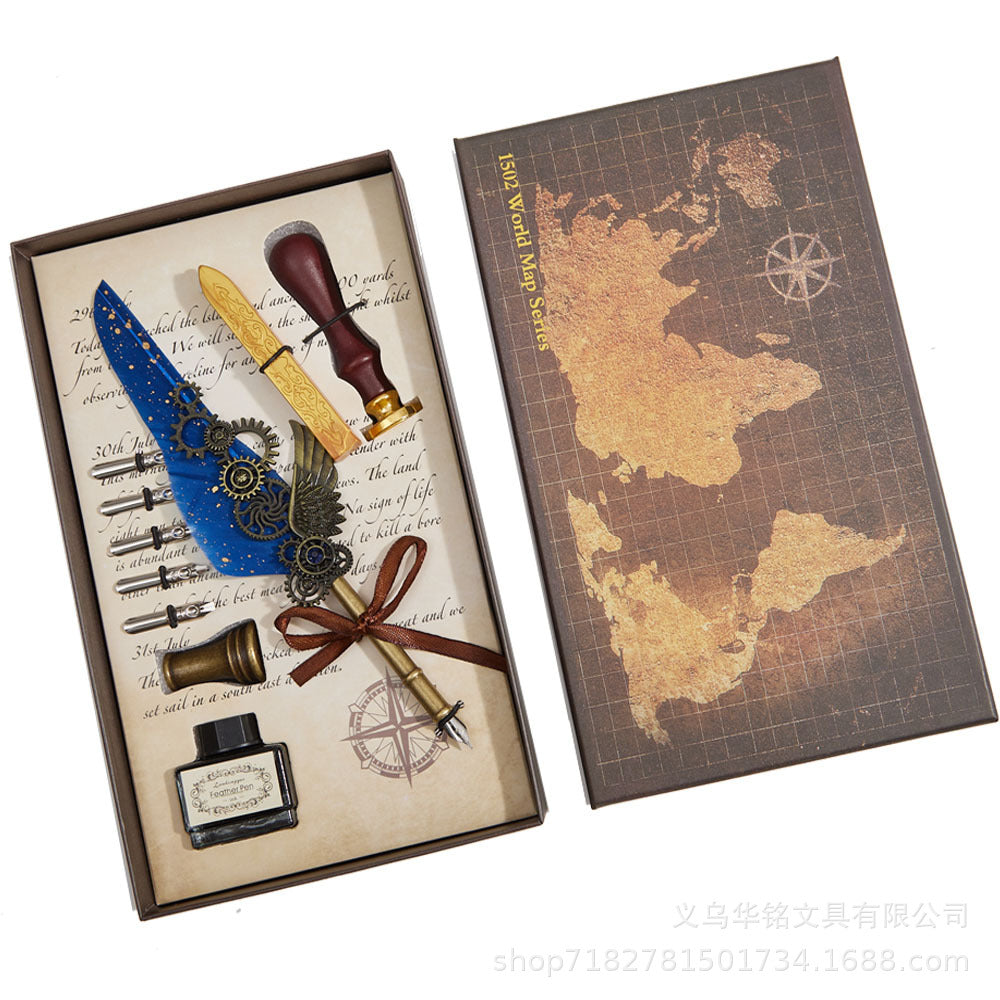 Classical Feather Pen Wax Seal Stamp And Ink Bottle Included Gift Box Packed Set