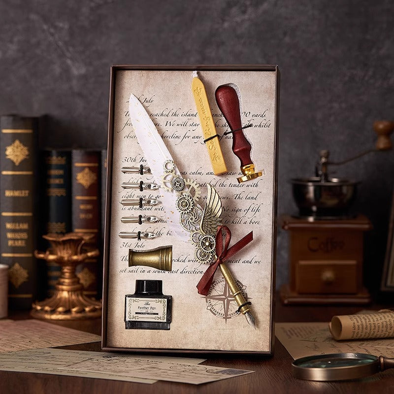 Classical Feather Pen Wax Seal Stamp And Ink Bottle Included Gift Box Packed Set