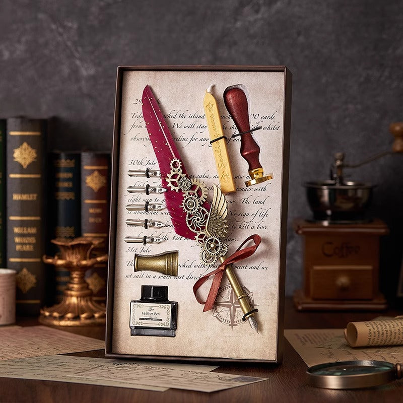 Classical Feather Pen Wax Seal Stamp And Ink Bottle Included Gift Box Packed Set