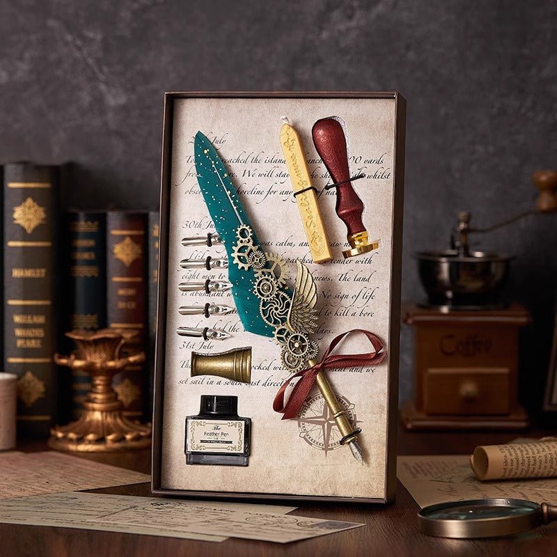 Classical Feather Pen Wax Seal Stamp And Ink Bottle Included Gift Box Packed Set - Yorkn Inc✅