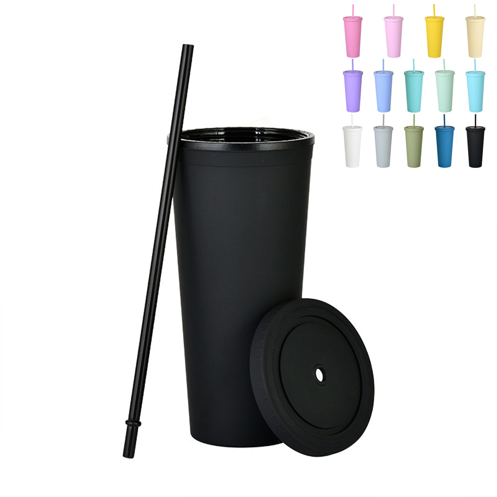 Gobelets en plastique à double paroi avec couvercles et pailles 