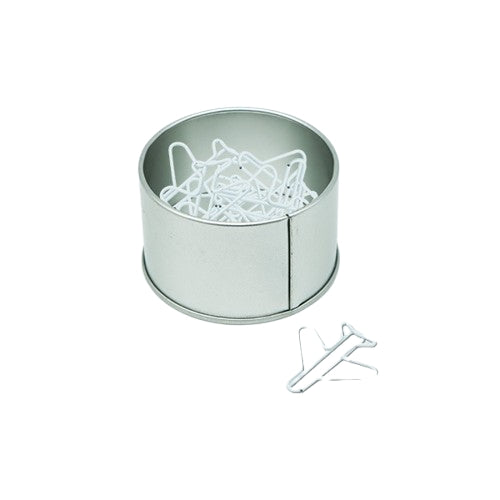 Boîte en fer blanc avec trombones en forme d'avion 