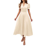 V Neck Puff Sleeve Ruched Waist Midi Dress