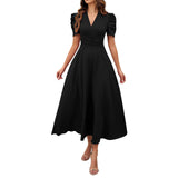 V Neck Puff Sleeve Ruched Waist Midi Dress