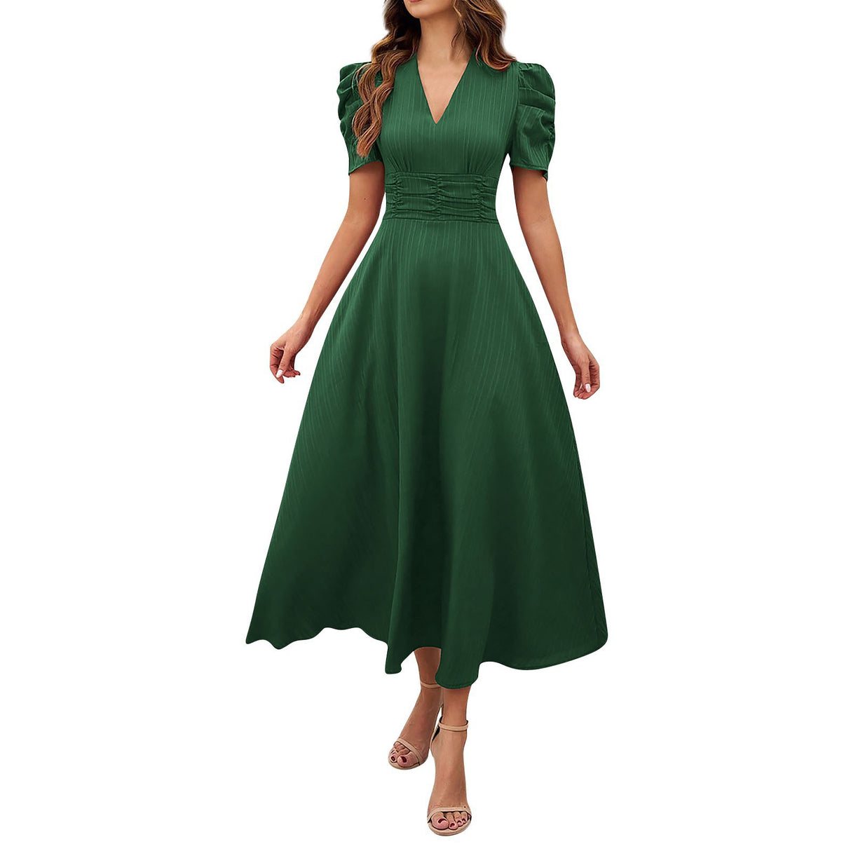 V Neck Puff Sleeve Ruched Waist Midi Dress